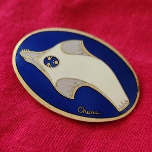 Chuna McIntyre Alaskan Seal Pin Enamel Brass Native Artist Blue White 2"
